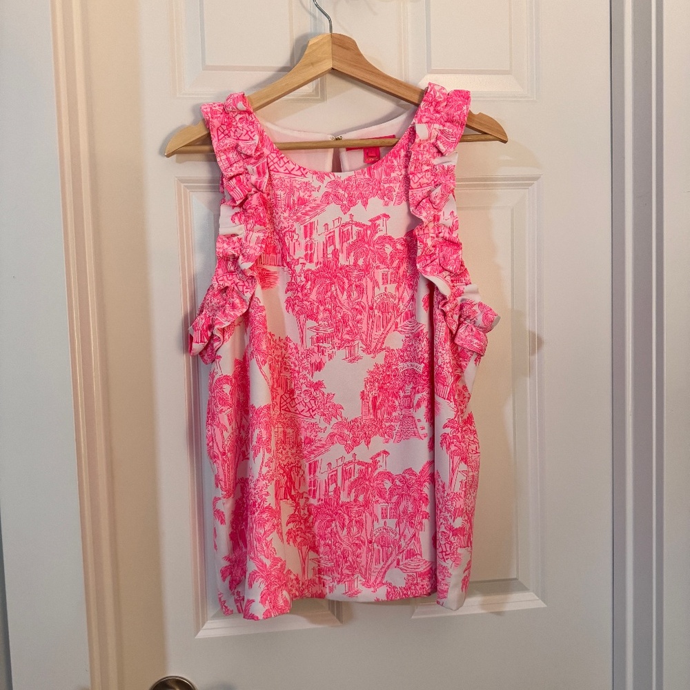 Lilly Pulitzer EUC Kailee Sleeveless Ruffle Top Resort White PB Anniversary Toil
